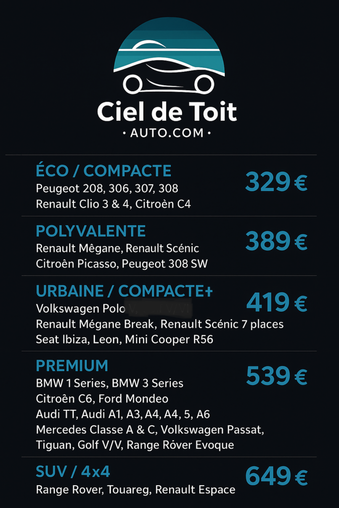 Tarifs rénovation ciel de toit - Éco 329€, Polyvalente 389€, Premium 539€, SUV/4x4 649€ — cieldetoitauto.com Tarifs rénovation ciel de toit - Éco 329€, Polyvalente 389€, Premium 539€, SUV/4x4 649€ — cieldetoitauto.com